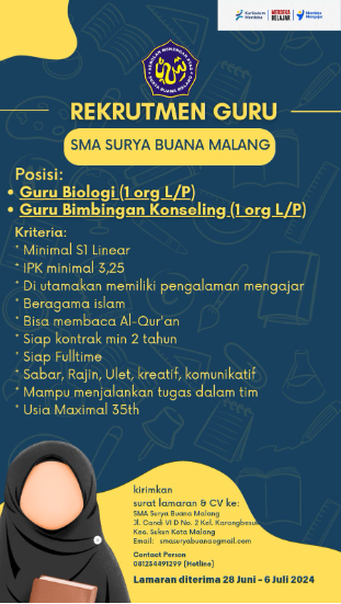Rekrutmen Guru SMA Surya Buana Malang